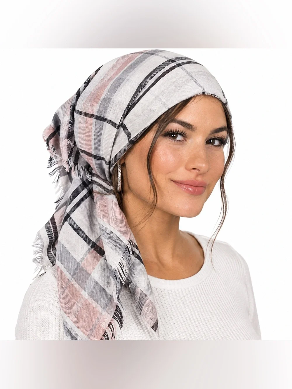 Soft Oversized Plaid Blanket Scarf Wrap Gray Blush Black 47” Square